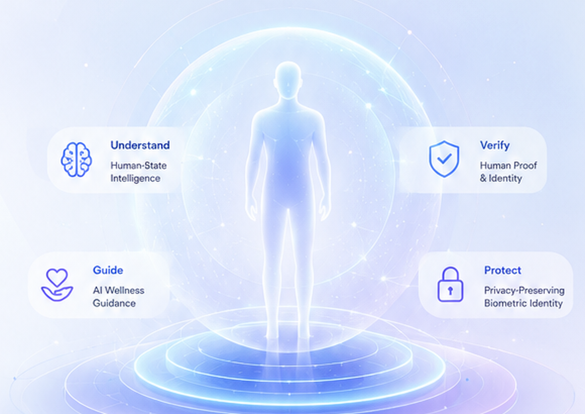 Human-centered AI infrastructure visual with human figure, transparent intelligence sphere, guidance, verification, and privacy nodes